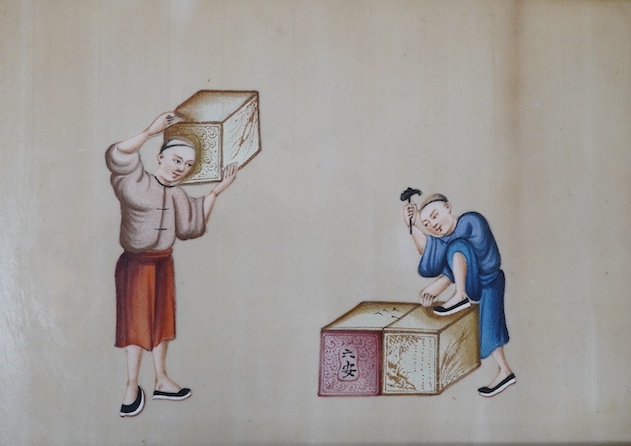 Chinese School, set of three pith paper paintings, Tradesmen and figures, 17 x 24cm. Condition - fair, some discolouration throughout
